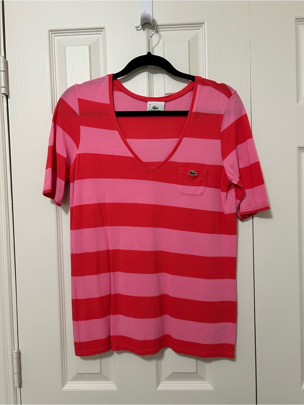 Lacoste Short Sleeve V-Neck Striped Tee in Pink & Red size 44 (US XL) casual